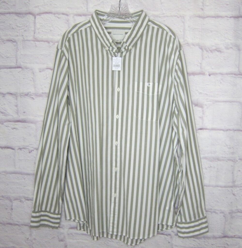 American Eagle Shirt Men's XXL Olive Striped Cotton Long Sleeve Button Down NEW!